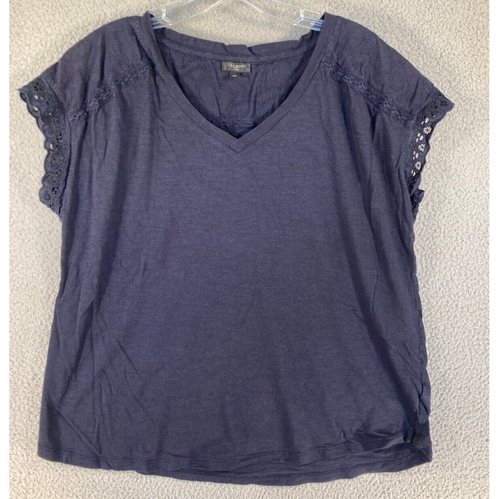 Talbots Top Women's Plus X Navy Blue Cap Sleeve Eyelet/Crochet Trim Coastal